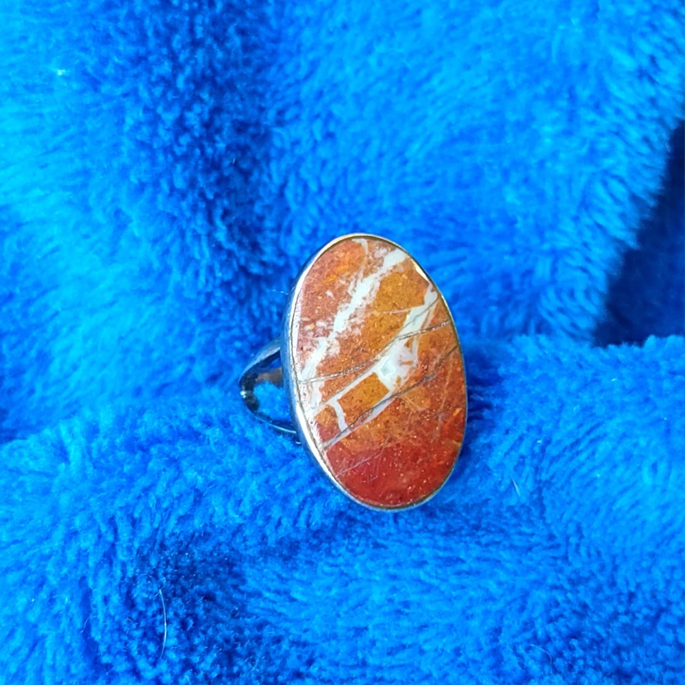 Vintage Mexico Signed Oval Statement Red Jasper Stone Sterling 925 Siae 7 Ring